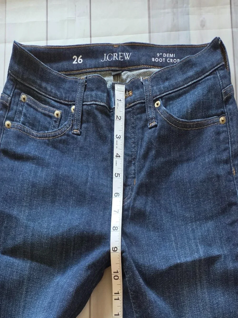 J. Crew 9” Demi-Boot Crop Jeans Women’s 26, Dark wash with frayed raw hem.